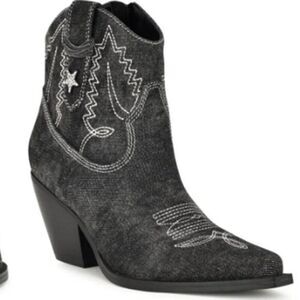 NINE WEST Women's Western Boots Cowboy Distressed Embroidered Denim Black Size7